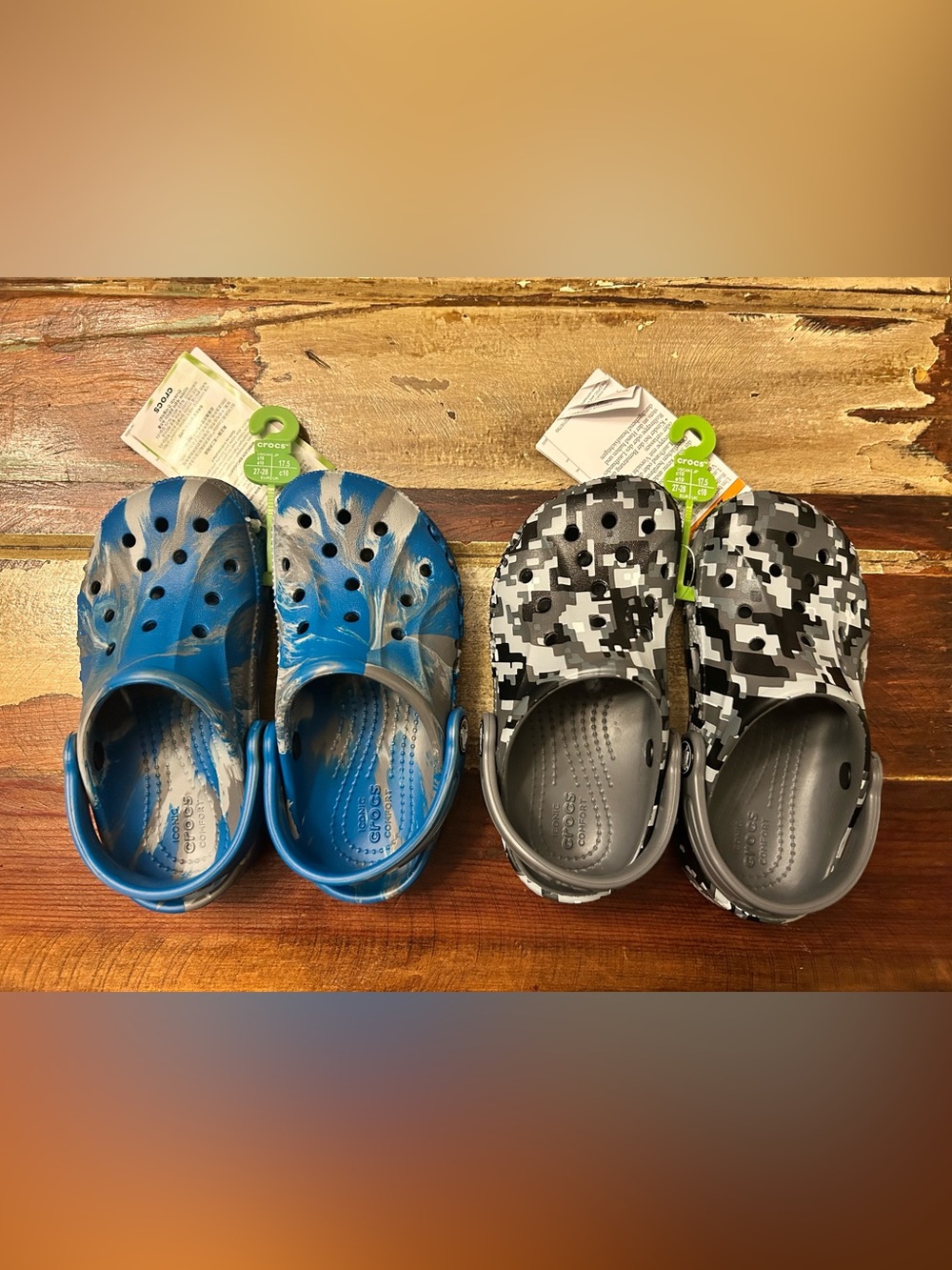 Crocs Classic Clog Kids C10 Lot of 2 Blue/Gray Tie-Dye & Digital Camo Brand New